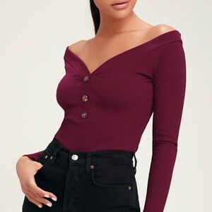 Burgundy Ribbed Long Sleeve Off-the-Shoulder Bodysuit (NEW)